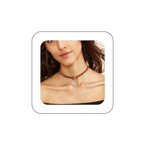 Yienate Boho Geschichteten Braunen Samt Choker Halskette Vintage Silber Feder Anhänger Halskette Choker Gothic Geschichteten Leder Seil Kette Gestapelt Wildleder Feder Choker Halskette Für Frauen von Yienate