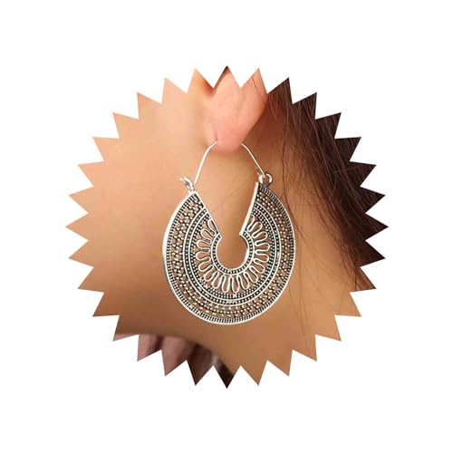 Yienate Boho Große Filigrane Scalloped Tropfen Baumeln Ohrringe Vintage Stammes Ethnischen Geschnitzten Ohrringe Silber Zigeuner Geometrische Floral Aussage Ohrringe Hochzeit Prom Ohrringe Für Damen von Yienate