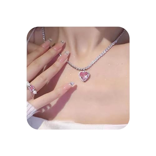 Yienate Boho Kristall Tennis Halskette Choker Funkelnden Rosa Strass Herz Anhänger Halsketten Pave Kristall Herz Charme Halskette Erklärung Cz Braut Hochzeit Halskette Schmuck Für Frauen Und Mädchen von Yienate