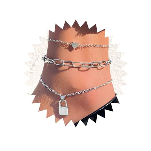 Yienate Boho Liebesschloss Fußkette Armband Silber Schloss Anhänger Fußkette Vintage Liebesherz Fußkette Strand Fußkettchen 3-teiliges Set Fußschmuck Geschenke für Frauen Mädchen von Yienate