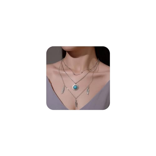 Yienate Boho Mehrlagige Türkisfarbene Halskette Silber Vintage Ethnische Sonnenblumenblätter Anhänger Halskette Perlenkette Choker Geschichtet Aussage Sonne Feder Anhänger Halskette Schmuck Für Frauen von Yienate