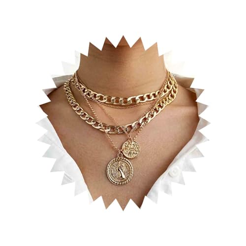 Yienate Boho Mehrschichtig Münze Halskette Jahrgang Gold Grob Verknüpfung Halskette mit kubanischem Kettenanhänger und Münzanhänger Rock Statement mehrlagige Münzhalskette Charm Schmuck für Frauen von Yienate
