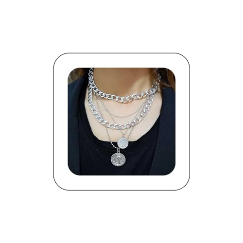 Yienate Boho Mehrschichtige Münzen Halskette Vintage Silber Klobige Link Kubanische Kette Choker Scheibe Münze Anhänger Halskette Rock Aussage Geschichtet Münze Halskette Charme Schmuck Für Frauen von Yienate