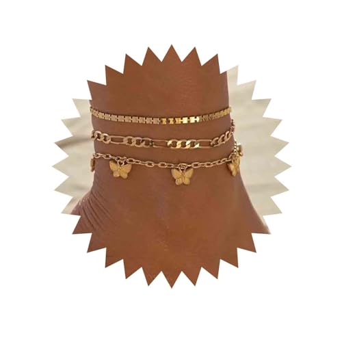 Yienate Boho Multi Geschichtet Schmetterling Fußkettchen Armband Gold Figaro Schmetterling Anhänger Satellit Kette Fußkettchen Geschichtet Strand Fußkettchen 3pcs Set Fußschmuck Für Frauen Mädchen von Yienate