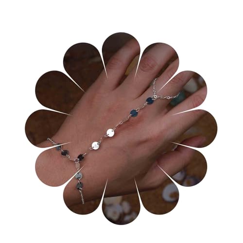 Yienate Boho Pailletten Armband Silber Scheibe Finger Kette Zierlich Pailletten Sklave Hand Kette Pailletten Hand Harness Armbänder Schmuck Geschenk Für Frauen Und Mädchen von Yienate