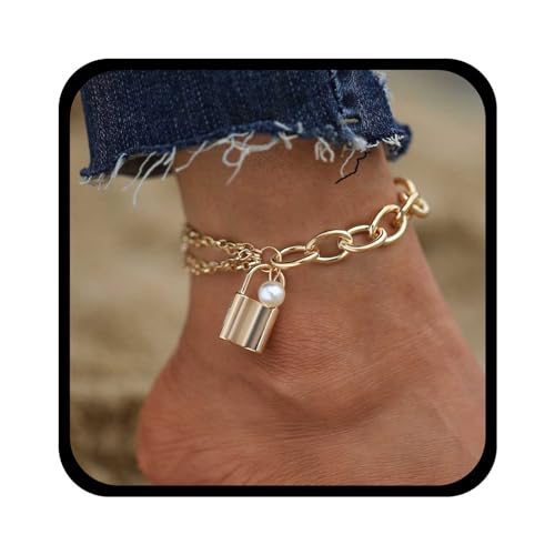 Yienate Boho Schloss Perle Tropfen Fußkettchen Armbänder Gold Kubanischen Knöchel Kette Klobig Panzerkette Fußkettchen Aussage Schloss Fußkettchen Sommer Strand Fußkette Schmuck Für Frauen von Yienate