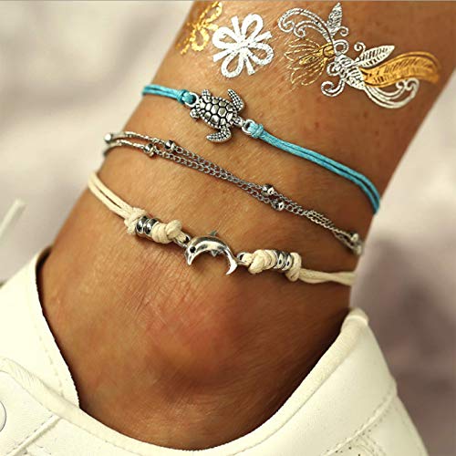 Yienate Boho-Fußkettchen mit Schildkröte, Delfin, silberfarbene Perlen, Fußkette, Armband, Strand-Fußkette, Schmuckzubehör, 3-teiliges Set für Damen und Mädchen, 8.5 inch, Silber von Yienate
