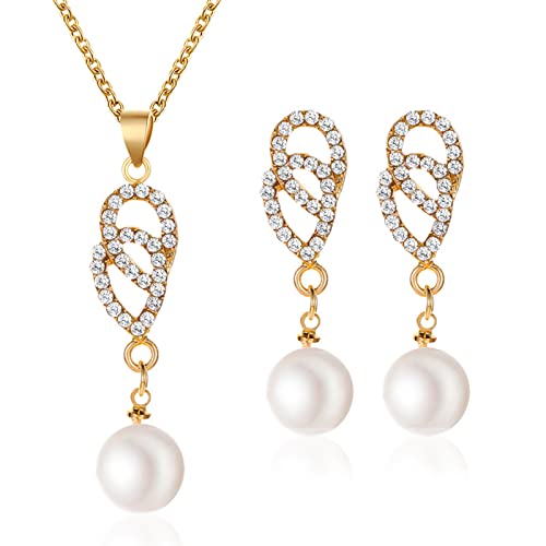 Yienate Braut Kristall Perlen Schmuck Set Zirkonia Strass Perle Tropfen Anhänger Halskette Zirkonia Strass Tropfen Tropfen Perle Ohrring Set Gold Hochzeit Schmuck Set Für Frauen Mädchen von Yienate