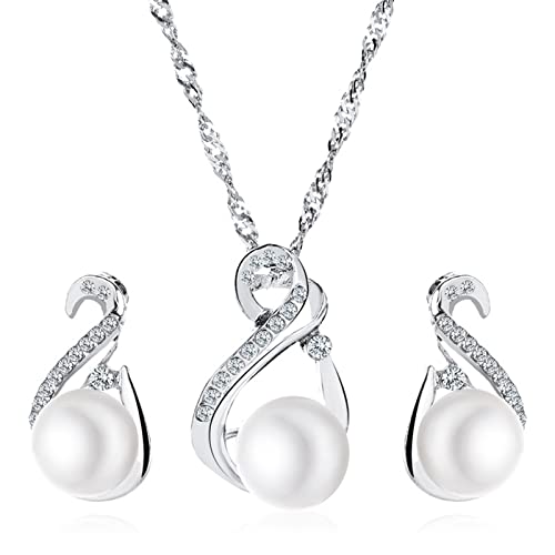 Yienate Braut Perle Kristall Schmuck Set Zirkonia Strass Perle Anhänger Halskette Dangle Drop Perle Ohrring Set Silber Hochzeit Schmuck Set Für Frauen Mädchen von Yienate