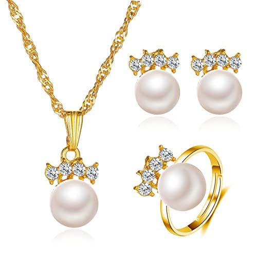 Yienate Braut Perlenschmuck Set Perle Kristall Anhänger Halskette Ohrringe Ring Set Krone Zirkonia Kristall Halskette Ohrringe Ring Hochzeit Goldschmuck Set für Frauen Mädchen von Yienate