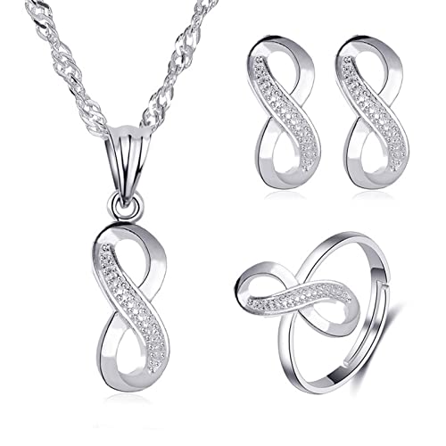 Yienate Braut Unendlichkeit Freundschaft Kristall Schmuck Set Zirkonia Strass Unendlichkeit Anhänger Halskette Ohrringe Ring Set Silber Hochzeit Schmuck Set Für Frauen Mädchen von Yienate