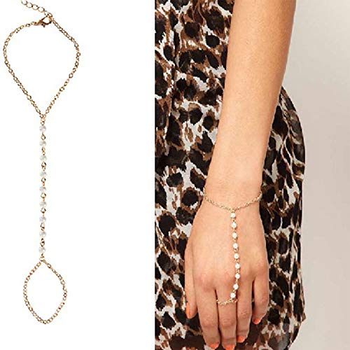 Yienate Zierliche Perle Finger Ring Armband Gold Handkette Hand Harness Lange Perlen Perlen Sklave Armband für Frauen und Mädchen von Yienate