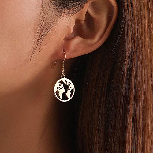 Yienate Modische Ohrringe mit Weltkarten-Anhänger, Ohrtropfen, Erdkugelkarte, Tropfenform, Kreis-Anhänger, Ohrringe für Frauen und Mädchen, Metall von Yienate
