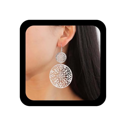 Yienate Filigrane Hohle Scheibe Baumeln Tropfen Ohrringe Silber Ethnische Geschnitzte Blume Ohrringe Doppelte Runde Scheibe Tropfen Erklärung Haken Ohrringe Hochzeit Brautjungfer Schmuck Für Frauen von Yienate