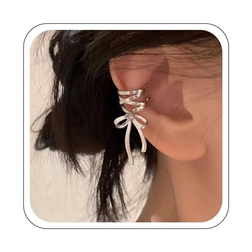Yienate Funky Bow Ear Cuffs - Silber Statement Fliege Band Non-Piercing Cuff Earrings mit Knorpel Hoop Clip Auf Wrap Earrings Ribbon Bowknot Hochzeit Ohrringe Schmuck für Frauen und Mädchen von Yienate