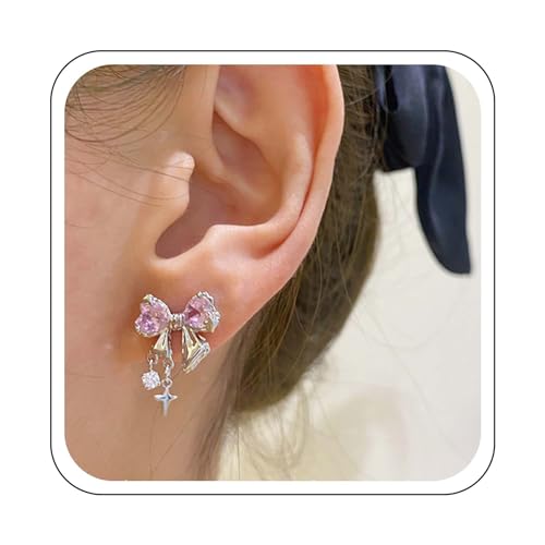 Yienate Funky Kristall-Bogen-Ohrstecker silberne Statement-Fliege-Band-Ohrringe rosa/weiße Strass-Bowknot-Ohrstecker Band-Bogen-Ohrstecker Hochzeit niedliche Schleifen-Ohrringe Schmuck für Frauen von Yienate