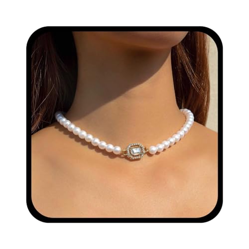 Yienate Funky Quadrat Kristall Perle Choker Halsketten Kristall Solitär Anhänger Halskette Silber Perle Strang Kette Choker Erklärung Funkelnde Braut Strass Perlenkette Schmuck Für Frauen von Yienate