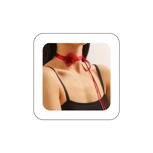 Yienate Gothic Blumen-Halsband rote Kamelie Schnür-Halskette langes Band florales Halsband Halsband sexy Spitze Blumenschleife Hochzeit Braut Halsband Cosplay Krawatte Halskette Geschenke für Frauen von Yienate