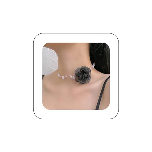 Yienate Gothic-Blumen-Halsband schwarze Kamelien-Perlen-Halskette Vintage-Stil mehrschichtig Perlen-Spitze Blumen-Halsband sexy Spitze Blumen-Schleife Hochzeit Braut Perlen-Kragen-Halskette für Frauen von Yienate