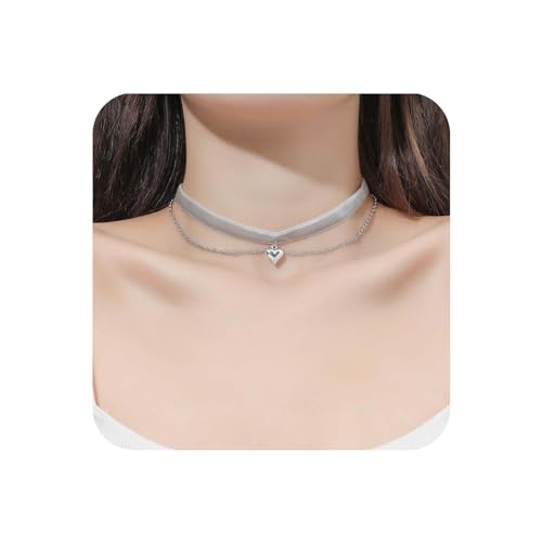 Yienate Gothic Grau Samt Choker Halskette Vintage Silber Herz Anhänger Halskette Kette Punk Geschichtet Liebe Herz Anhänger Halskette Gestapelt Erklärung Herz Halskette Charme Schmuck Für Frauen von Yienate