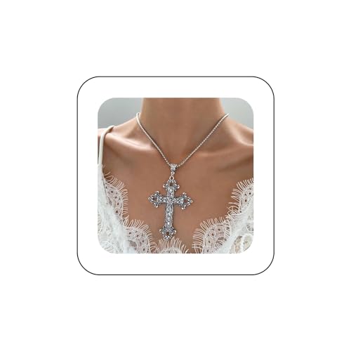 Yienate Gothic Kreuz Choker Halskette Vintage Silber Blume Rebe Kreuz Anhänger Halskette Große Religiöse Kreuz Halskette Punk Erklärung Kruzifix Halskette Schmuck Für Frauen Und Mädchen von Yienate