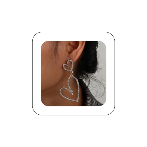 Yienate Große Kristall Herz Ohrringe - Vintage Geometrische Silber Hoop Drop Braut Strass Erklärung Prom Funkelnde Schmuck Für Frauen Und Mädchen von Yienate