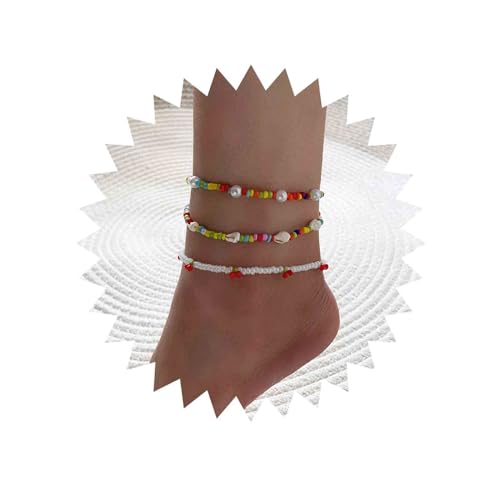Yienate Handgefertigtes Perlen Fußkettchen Armband Boho Muschel Kirsche Regenbogen Perlen Knöchelkette Elastisch Perle Strand Fußkette Mehrlagig Fußkettchen 3er Set Fußschmuck Für Frauen Mädchen von Yienate