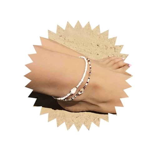 Yienate Handmade Perlen Fußkettchen Armband Boho Muschel Perlen Fußkettchen Fußkette Elastisch Reis Perlen Fußkette Strand Geschichtet Fußkettchen 2er Set Fußschmuck Geschenk Für Frauen Mädchen von Yienate