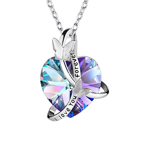Yienate Herz Kristall Halskette Halsband Silber Schmetterling Lila Kristall Herz Anhänger Halskette Kette I Love You Forever Geburtsstein Halskette Unendliche Liebe Halskette Geschenk für Frauen von Yienate