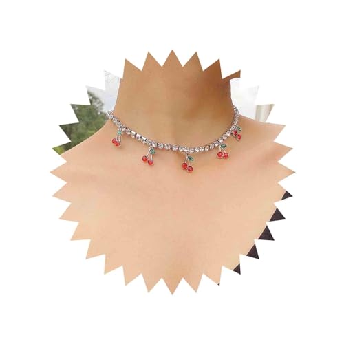 Yienate Kristall Kirsche Choker Halskette Kette Vintage Strass Choker Silber Kirsche Obst Anhänger Halskette Hochzeit Brautjungfern Kurze Strass Tennis Kette Choker Schmuck Für Frauen Und Mädchen von Yienate