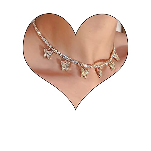 Yienate Kristall Schmetterling Choker Halskette Gold Tennis Kette Schmetterling Anhänger Halskette Funkelnde Cz Strass Choker Bling Kristall Schmetterling Prom Halskette Schmuck Für Frauen Mädchen von Yienate