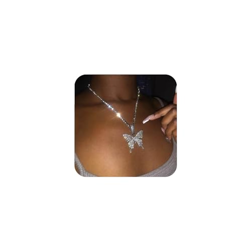 Yienate Kristall Schmetterling Halskette Choker - Silber CZ Strass Tennis Kette Mit Funkelndem Großem Anhänger - Bling Prom Schmuck Für Frauen Und Mädchen von Yienate