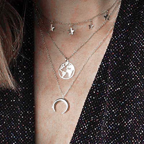 Yienate Mehrschichtige Weltkarte Anhänger Halskette Kette zierliche Stern Choker Halbmond Anhänger Halskette Layered Charm Halskette Schmuck für Frauen und Mädchen (Silber) von Yienate