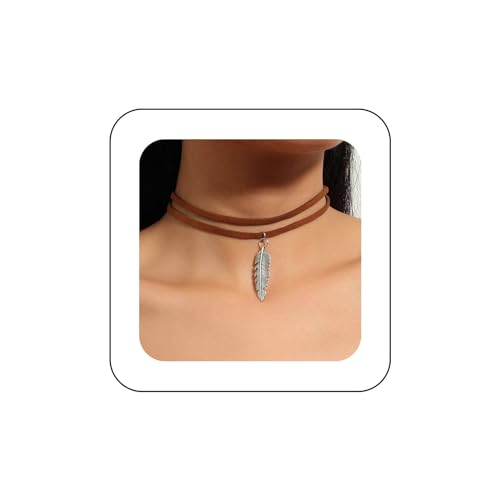 Yienate Mehrschichtigen Braunen Samt Choker Halskette Vintage Silber Feder Anhänger Halskette Choker Gothic Mehrschichtigen Blatt Anhänger Choker Gestapelt Samt Halskette Schmuck Für Frauen von Yienate