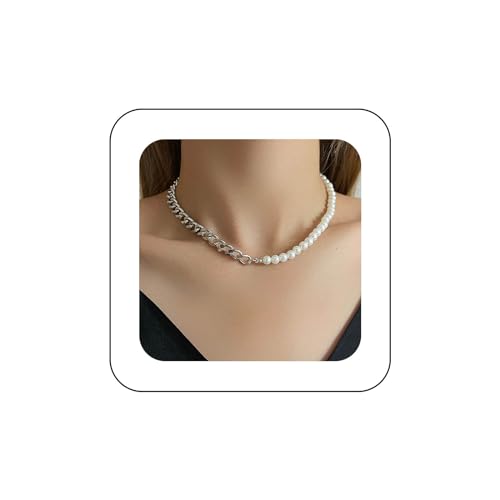 Yienate Pearl Strang Halskette Choker Silber Kubanische Kette Asymmetrische Perlenkette Vintage Klobige Gliederkette Barock Faux Perle Choker Angabe Perlen Charme Halskette Schmuck Für Frauen Mädchen von Yienate