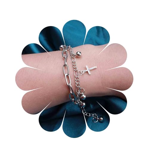 Yienate Punk Geschichtet Kreuz Armband Silber Perlen Handkette Quaste Glocken Anhänger Handgeschirr Hip Hop Crux Anhänger Handgelenkkette Statement Sklaven-Armband Schmuck Geschenk für Frauen Männer von Yienate
