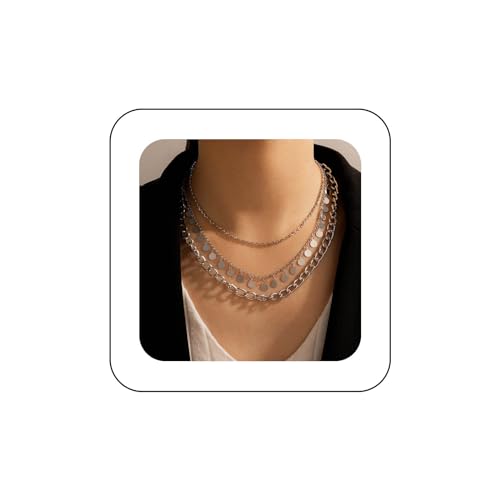 Yienate Punk Geschichtet Münze Halskette Vintage Silber Große Pailletten Anhänger Halskette Hip-Hop Klobige Kubanische Kette Choker Rock Aussage Halskette Scheibe Halskette Charme Schmuck Für Damen von Yienate