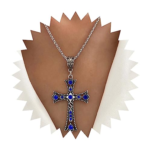 Yienate Punk Kristall Kreuz Anhänger Halskette Vintage Blau Kristall Kreuz Halskette Choker Erklärung Funkelnden Strass Religiösen Großen Kreuz Halskette Schmuck Für Frauen Und Mädchen von Yienate