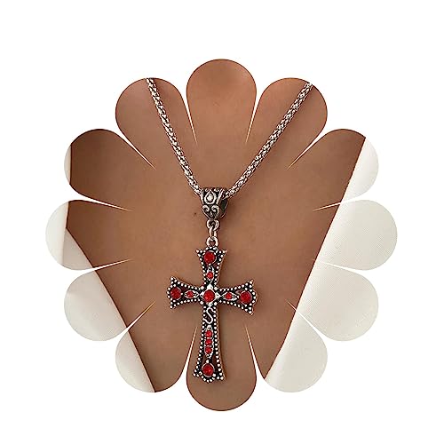 Yienate Punk Kristall Kreuz Anhänger Halskette Vintage Rot Kristall Kreuz Halskette Choker Angabe Funkelnde Strasssteine Religiöse Große Kreuz Halskette Schmuck Für Frauen Und Mädchen von Yienate