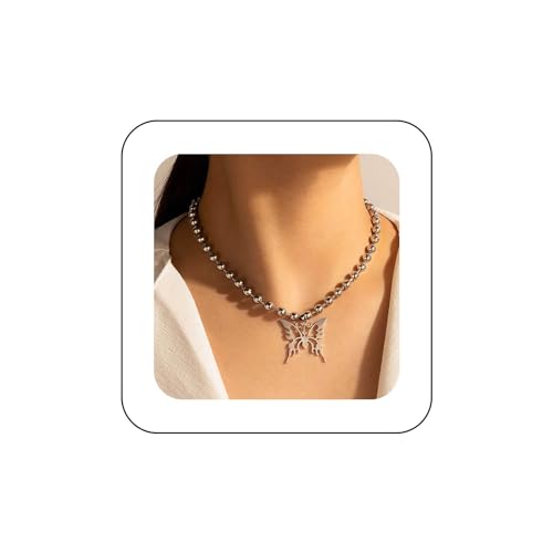 Yienate Punk Schmetterling Perlen Halskette Vintage Silber Große Schmetterling Anhänger Halskette Hip-Hop Aussage Große Perle Choker Halskette Rock Schmetterling Halskette Charme Schmuck Für Damen von Yienate