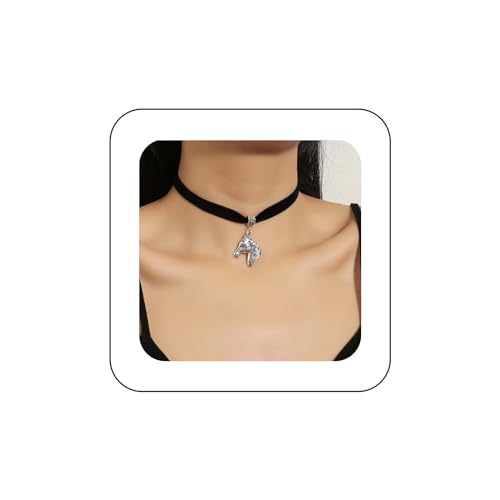 Yienate Punk Schwarzer Samt Choker Halskette Vintage Silber Pferdekopf Anhänger Halskette Schwarzes Wildleder Seil Kette Choker Gothic Statement Kentucky Derby Halskette Charm Schmuck Für Frauen von Yienate