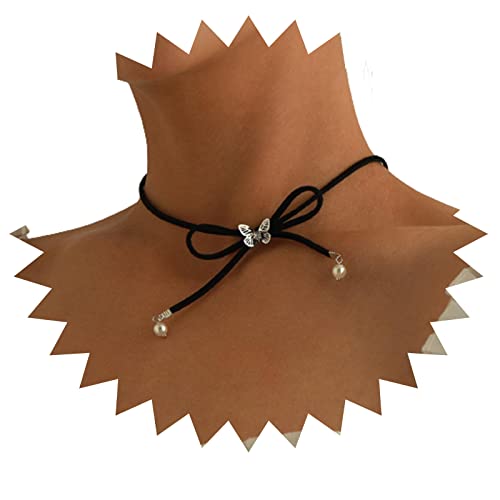 Yienate Schwarz Leder Bogen-Knoten Perle Halsband Halskette Weichen Samt Schmetterling Halsband Wildleder Krawatte Krawatte Gothic Aussage Leder Seil Halskette Abschlussball Schmuck Für Frauen Mädchen von Yienate