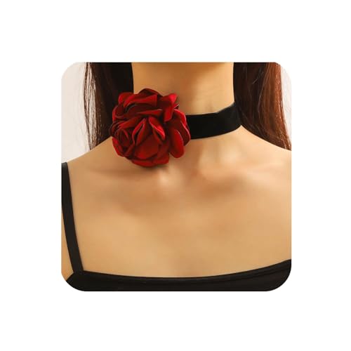 Yienate Schwarzer Samt Choker Rose Halskette Vintage Rote Spitze Floral Halsband Gothic Große Blume Braut Halskette Hochzeit Brautjungfer Halskette Cosplay Krawatte Halskette Geschenke Für Frauen von Yienate
