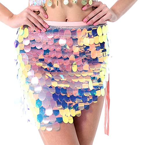 Yienate Sexy Meerjungfrau Kostüm Damen Bauchtanz Hüfte Pailletten Rock Sparkle Multicolor Mini Rock Rave Outfit (Farbe 2) von Yienate