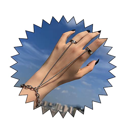 Yienate Silbernes Punkarmband Fingerkette 2 Offene Ringe Gliederkette Handgelenkkette Sklavenarmband Hip Hop Charme Handkettenarmband Schmuck Geschenk Für Frauen Und Mädchen von Yienate