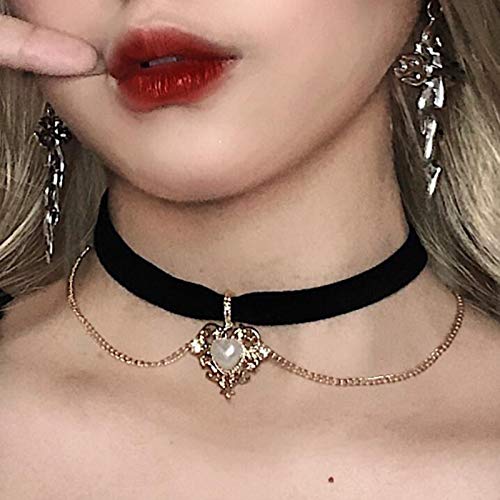 Yienate Vintage Schwarz Samt Choker Halskette Kette Zierlich Gold Liebe Perle Strass Anhänger Gothic Charm Halskette Schmuck für Frauen und Mädchen von Yienate