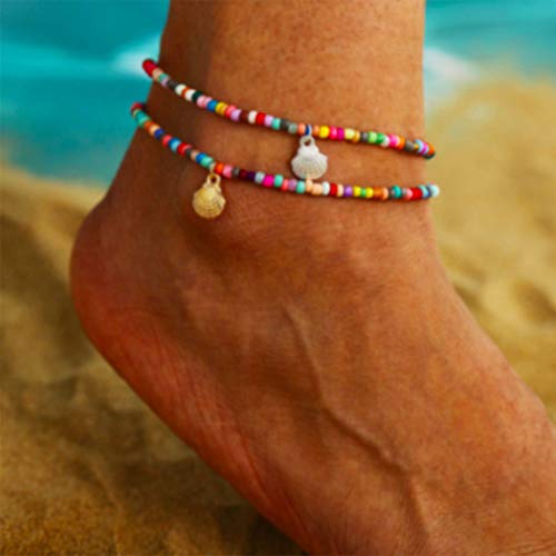 Yienate Strand-Fußkettchen bunte Perlen Legierung Jakobsmuschel Anhänger Knöchel Armband Charme zierlich für Muttertag Fußschmuck für Frauen und Mädchen (Silber) von Yienate