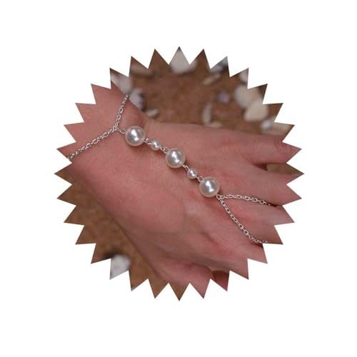 Yienate Zierliche Perle Finger Ring Armband Boho Große Perle Link Finger Kette Sklave Armband Silber Perle Hand Kette Geschirr Armband Schmuck Geschenke Für Frauen Mädchen von Yienate