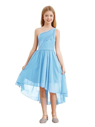 Yiesvsov Blumenmädchen High Low Kleid Kinder Glitzernd Pailletten Gerafftes Chiffon Hochzeit Brautjungfernkleid Schönheitswettbewerb Ballkleid Himmelblau 146-152 von Yiesvsov