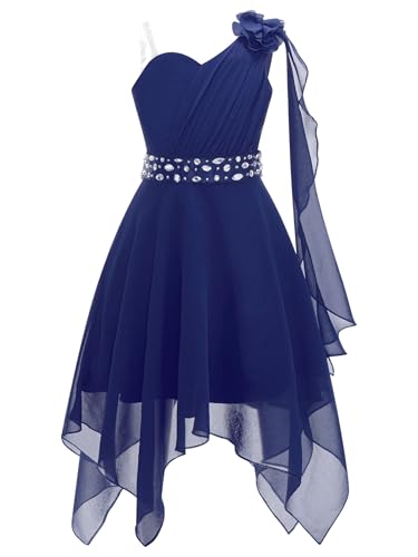 Yiesvsov Chiffon Festliches Kleid Für Mädchen Elegantes Taufkleid Mit Asymmetrischem Saum Kommunionskleid Geburtstagsfeier Kleid Marineblau 134-140 von Yiesvsov